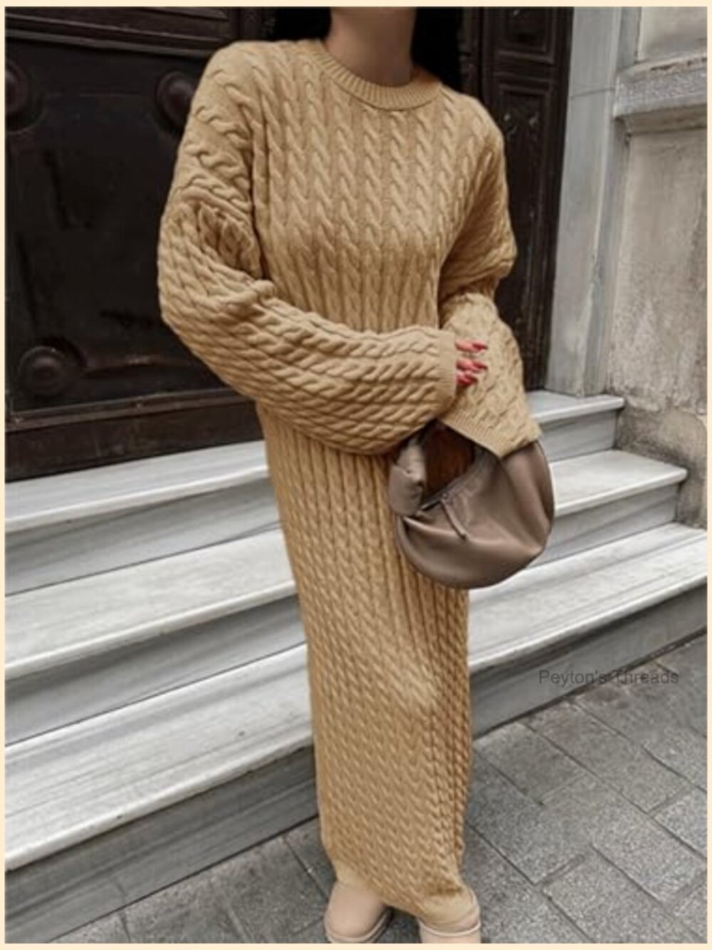 Oversized Cable Knit Sweater Dress Crew Neck Long Sleeve Midi Pullover - Picture 5 of 7